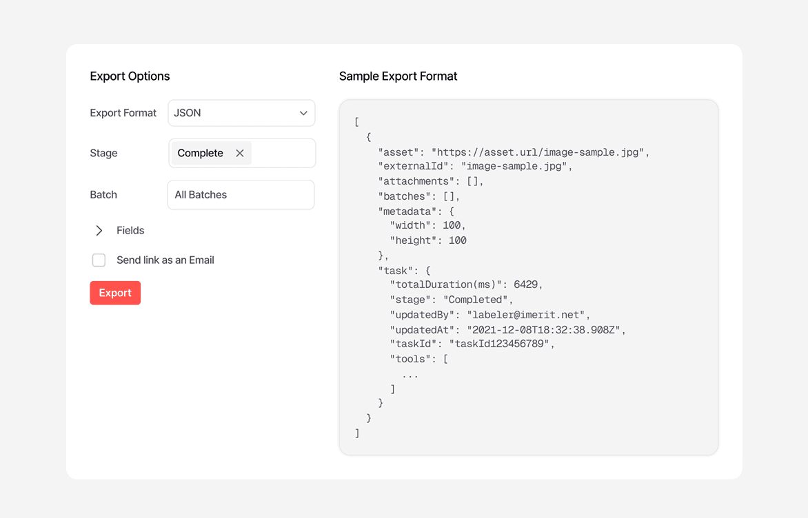 Export options and JSON sample